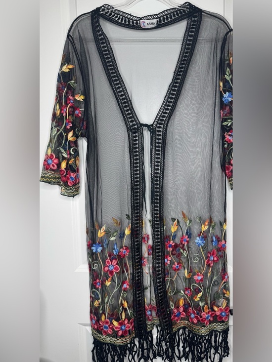 Other - Asha Sheer floral Embroidered Kimono swim western fringe cover with tie accent
